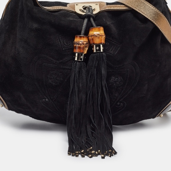 GUCCI Black/Gold Hysteria Embossed Suede Large Indy Hobo - Picture 5 of 8